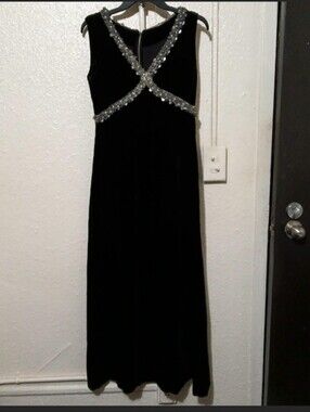 Black Beaded Velvet Evening Dress